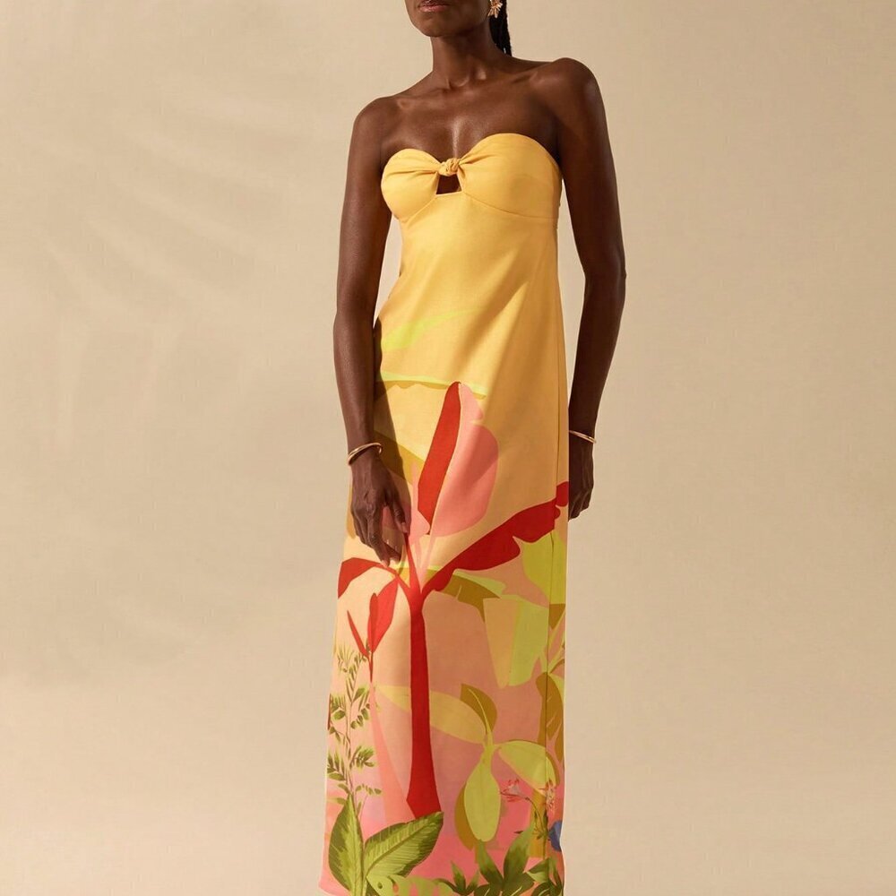 Multicolor Boho Womens Tropical Print Sleeveless Hollow Knot Tube Top Dress - Picture 4 of 7